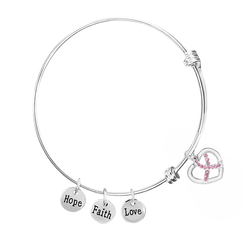 Crystal Pink Ribbon Heart Charm Retractable Charm Bracelets The Awareness Company