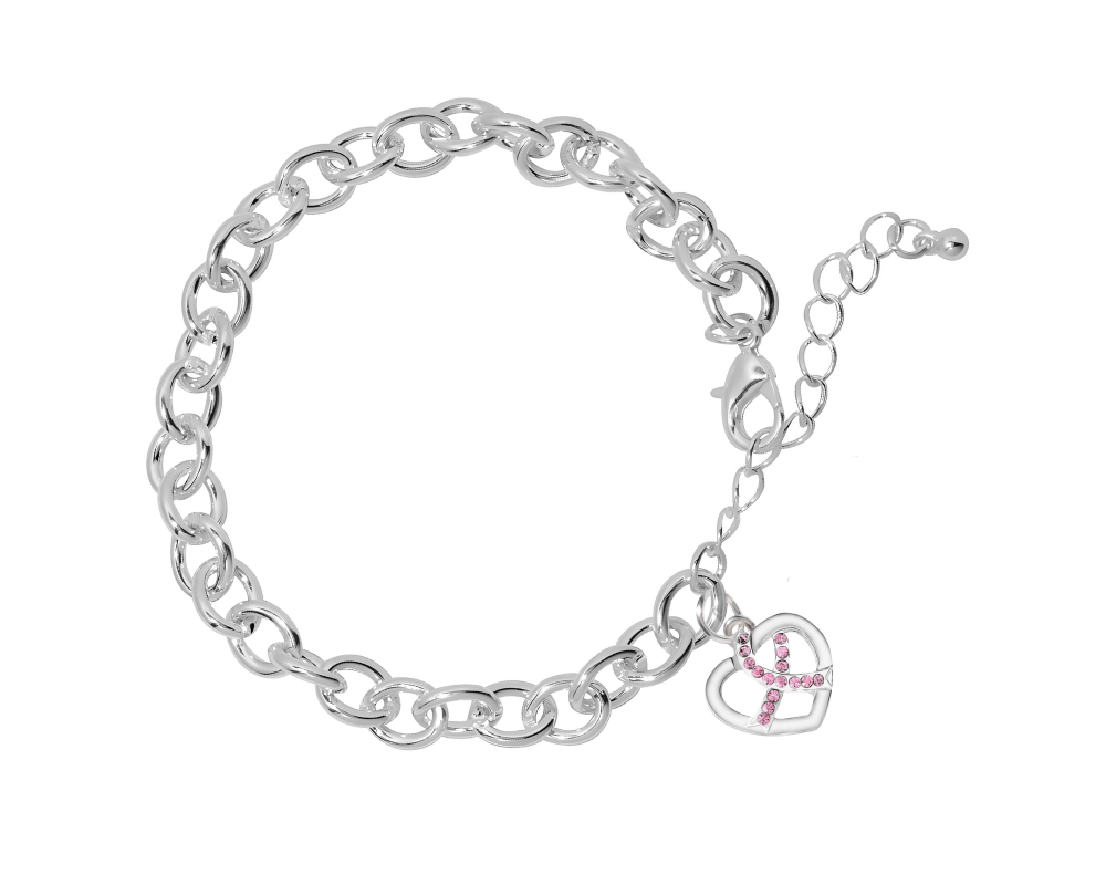 Crystal Pink Ribbon Heart Charm Silver Chunky Charm Bracelets The Awareness Company