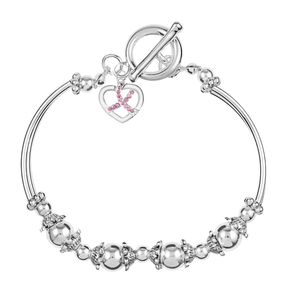 Crystal Pink Ribbon Heart Charm Silver Partial Beaded Bracelets The Awareness Company