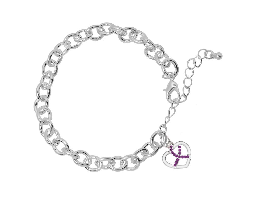 Crystal Purple Ribbon Heart Charm Chunky Bracelets The Awareness Company