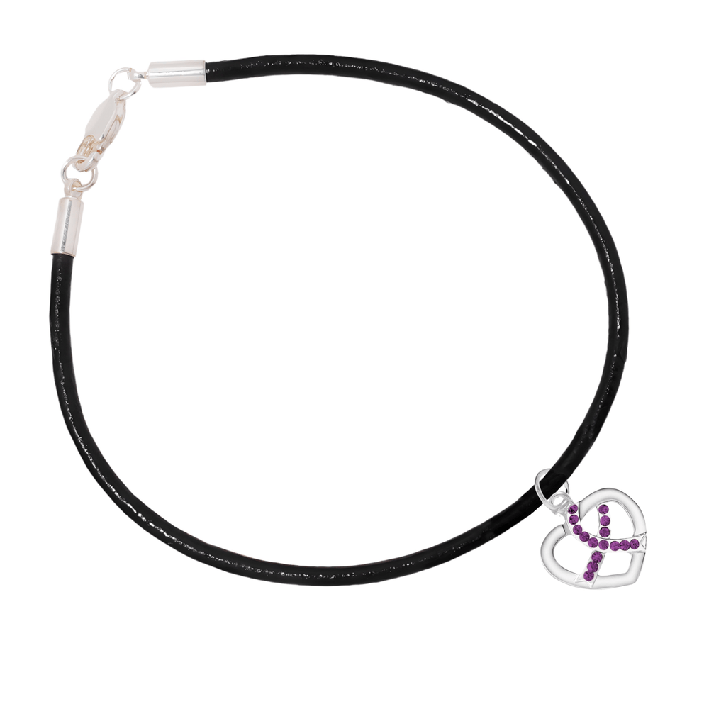 Crystal Purple Ribbon Heart Charm Leather Cord Bracelets The Awareness Company
