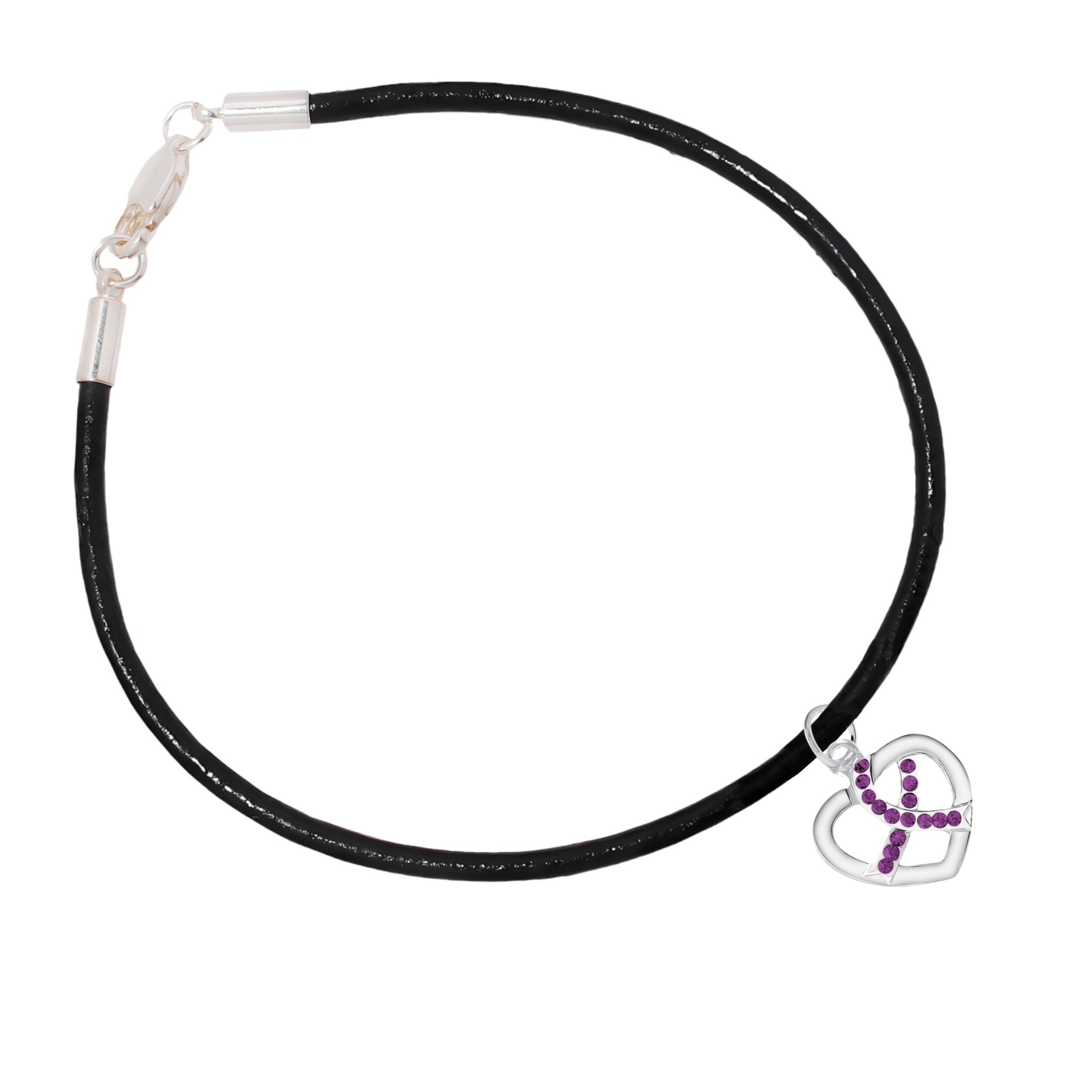 Crystal Purple Ribbon Heart Charm Leather Cord Bracelets The Awareness Company