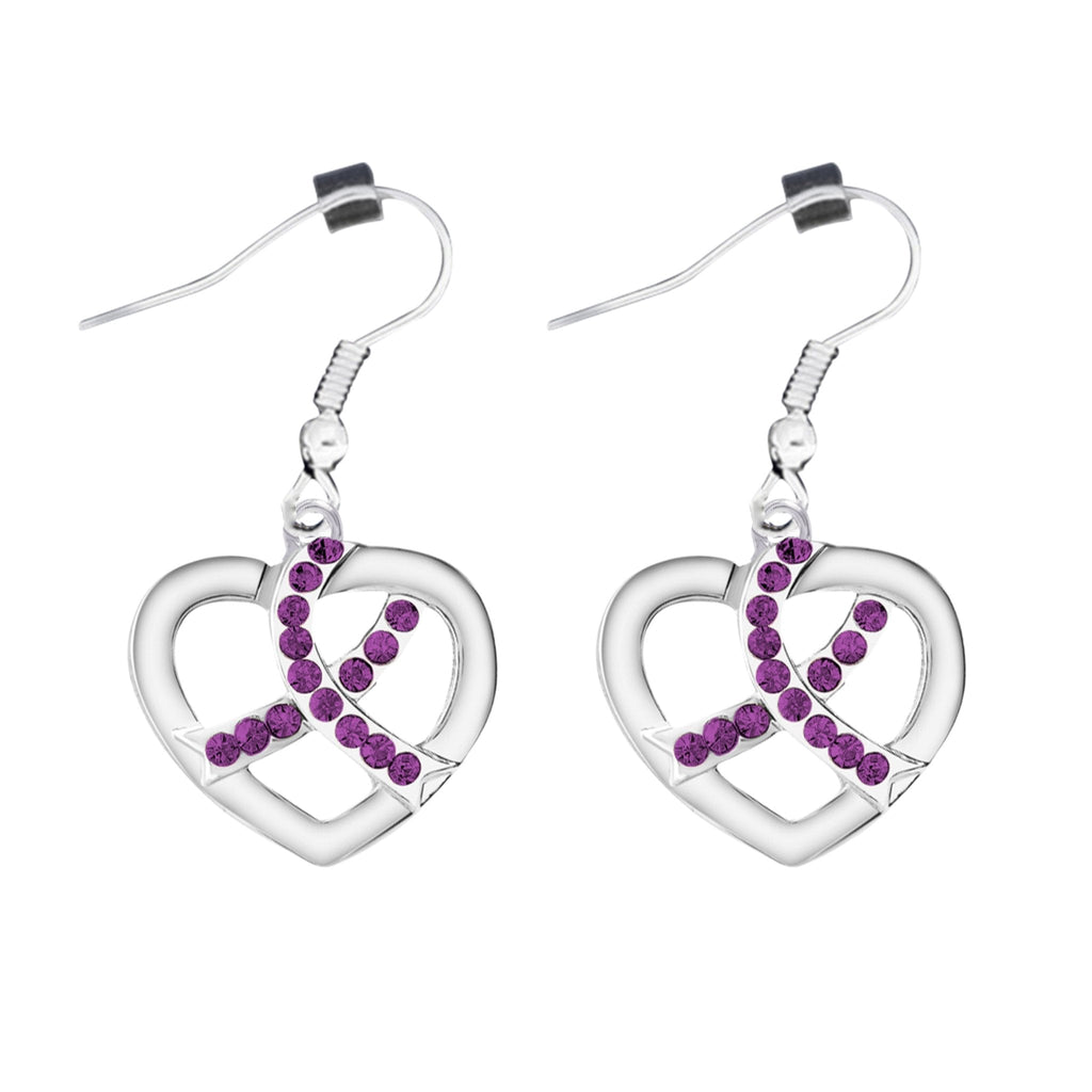 Crystal Purple Ribbon Heart Hanging Earrings The Awareness Company