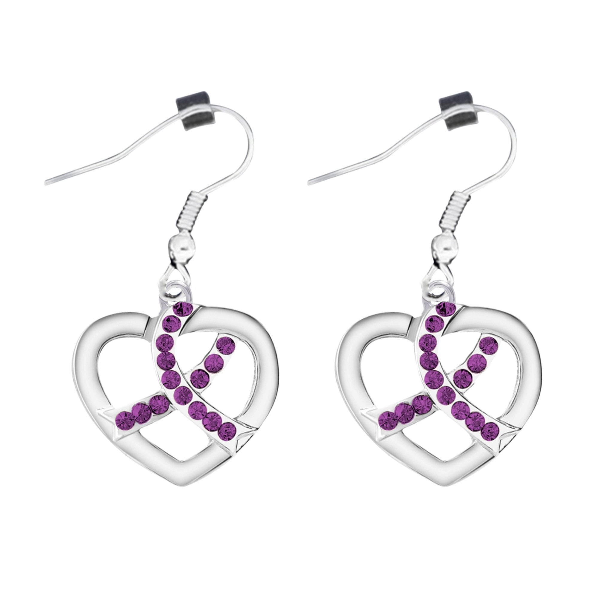 Crystal Purple Ribbon Heart Hanging Earrings The Awareness Company