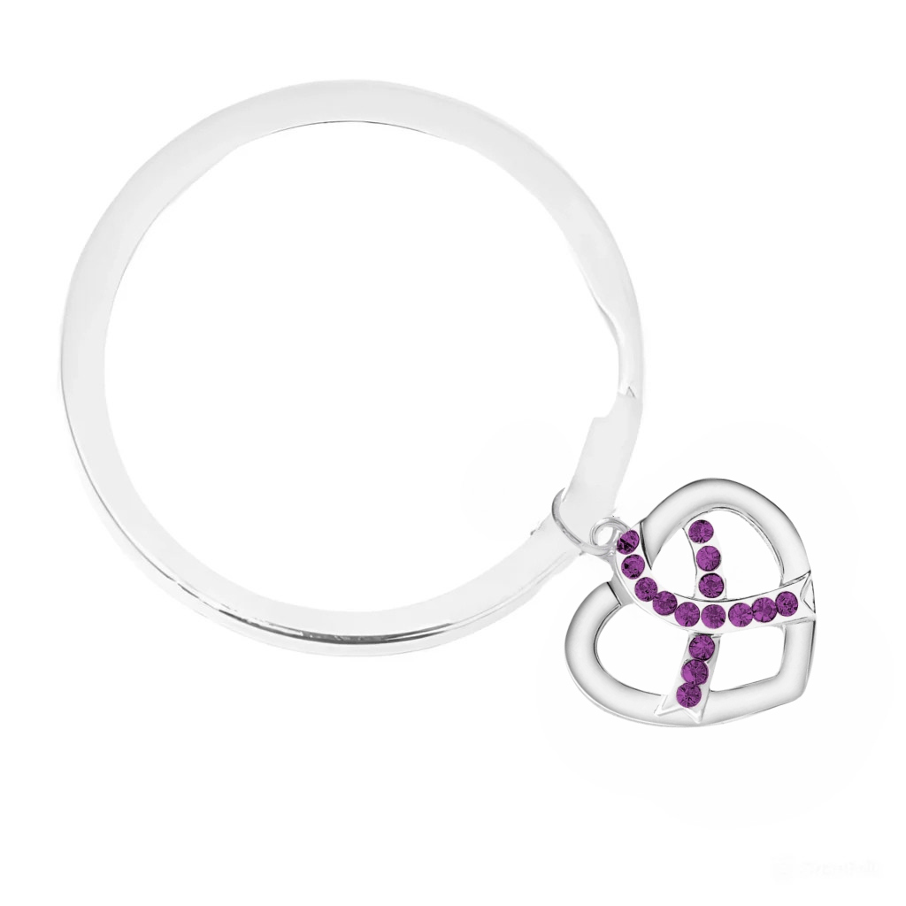 Crystal Purple Ribbon Heart Split Style Keychains The Awareness Company
