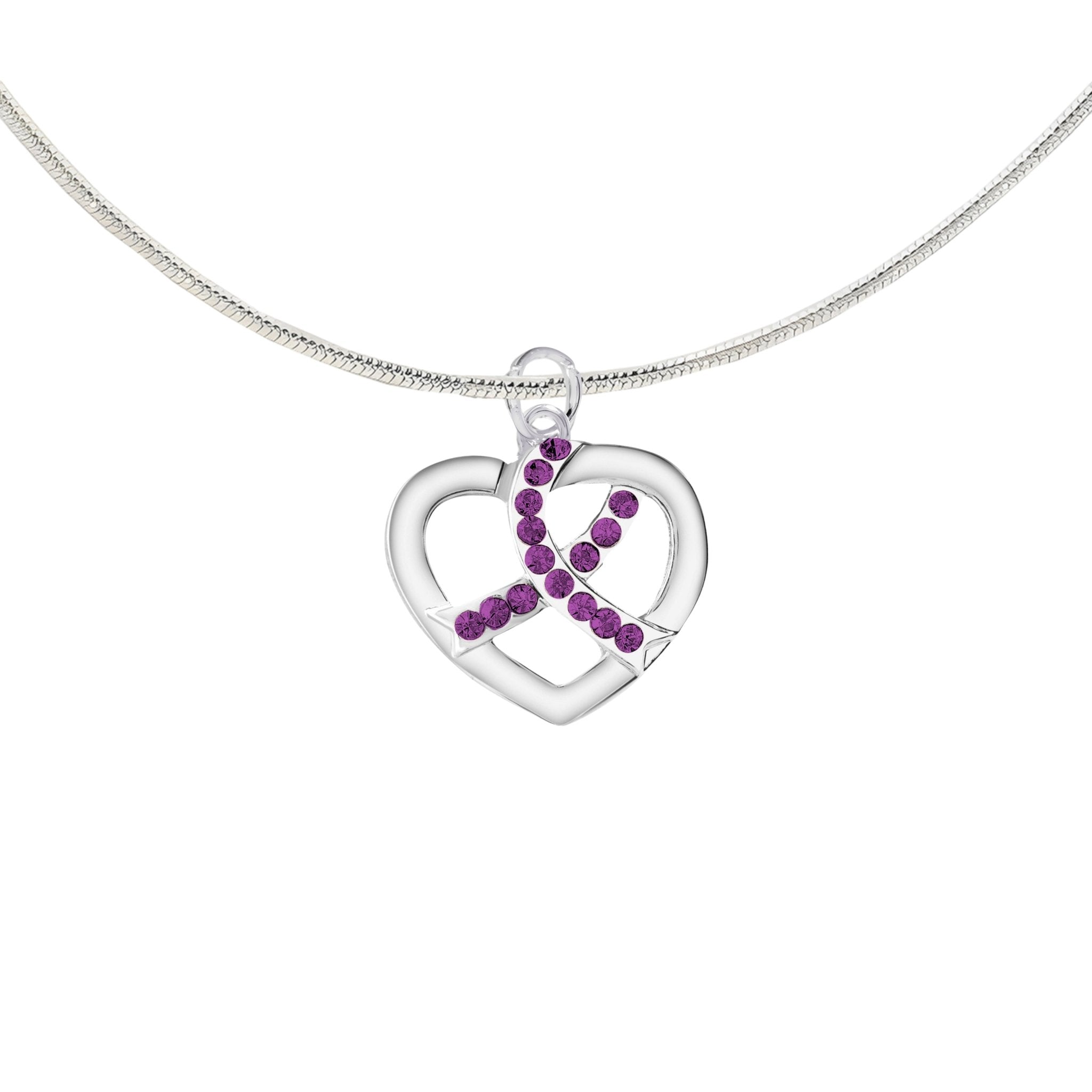 Crystal Purple Ribbon Silver Heart Necklaces The Awareness Company