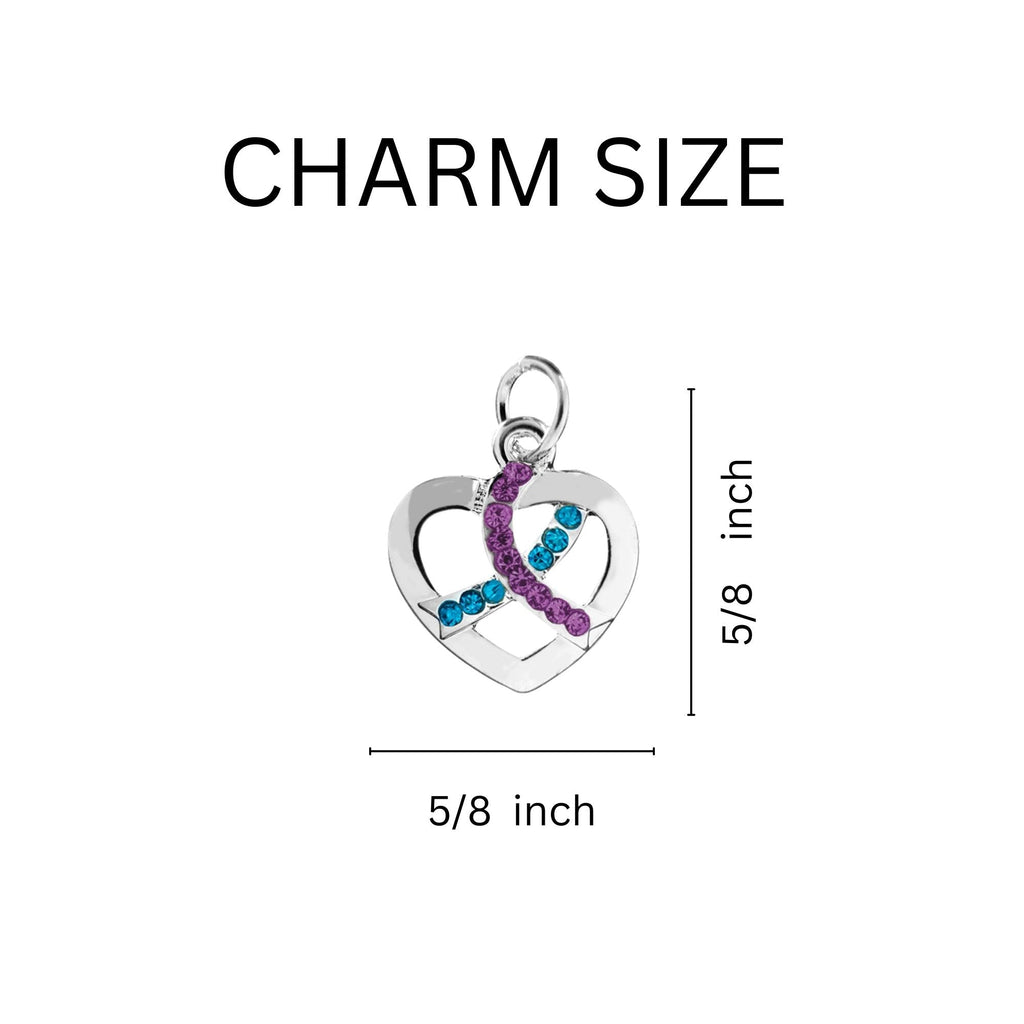 Crystal Teal & Purple Ribbon Silver Heart Hanging Charms The Awareness Company