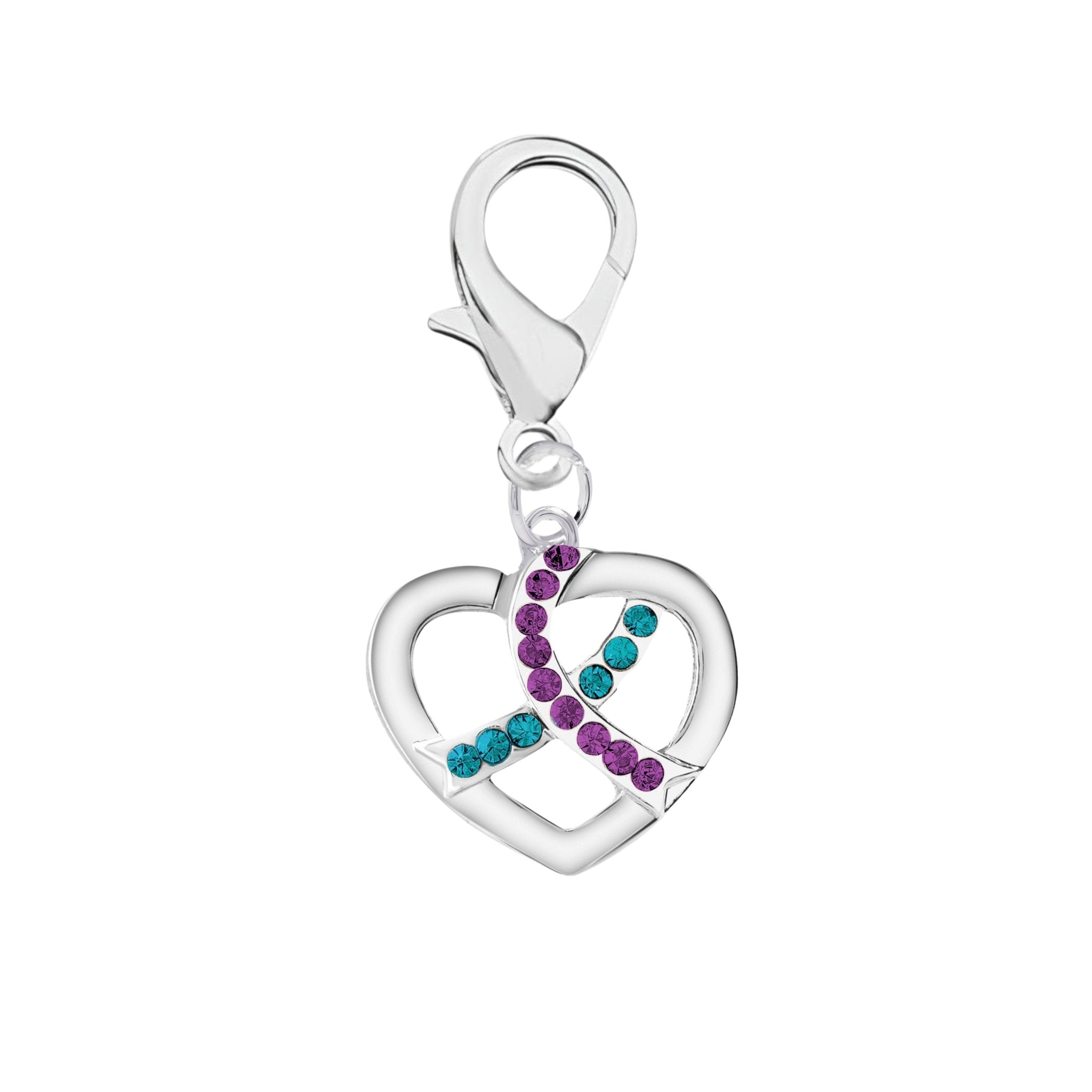 Crystal Teal & Purple Ribbon Silver Heart Hanging Charms The Awareness Company