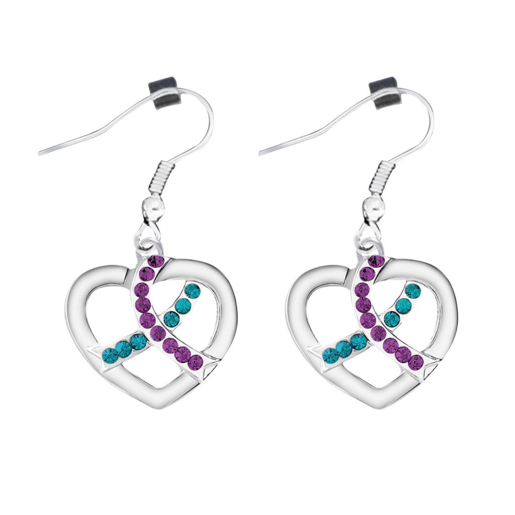 Crystal Teal & Purple Ribbon Silver Heart Hanging Earrings The Awareness Company
