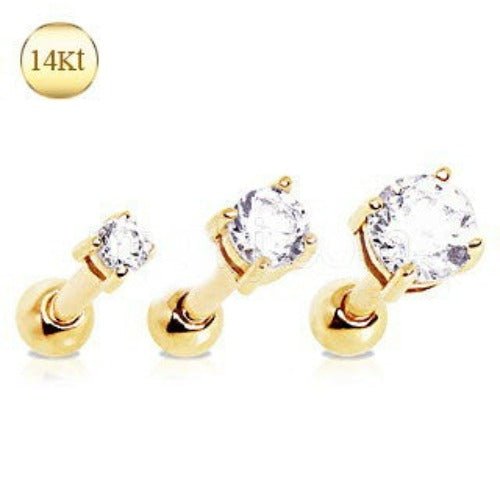 14Kt Yellow Gold Clear Prong Set CZ Cartilage Earring Fashion Hut Jewelry