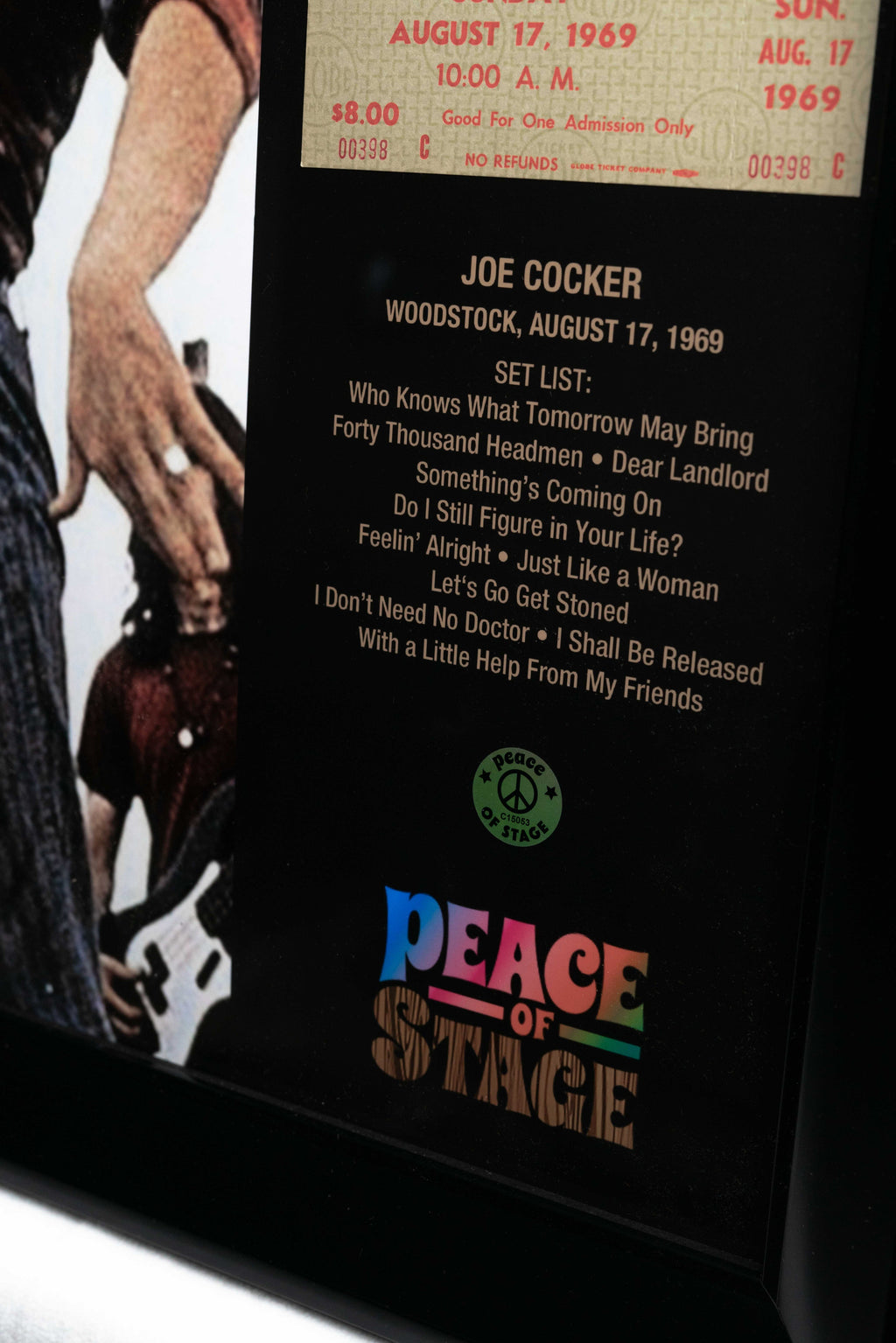 Joe Cocker Frame with Piece of 1969 Woodstock Stage and Original Ticket Peace Of Stage LLC