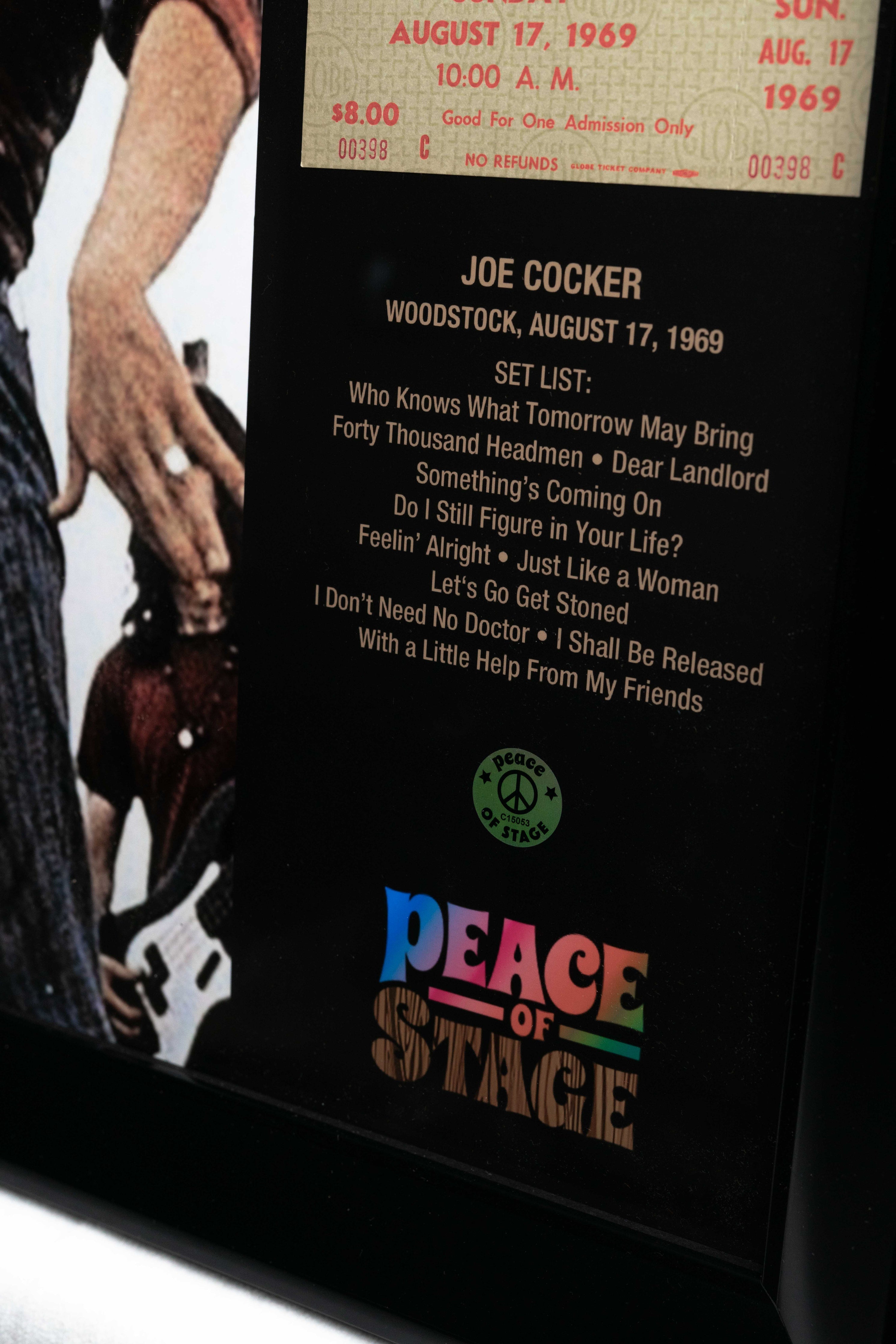 Joe Cocker Frame with Piece of 1969 Woodstock Stage and Original Ticket Peace Of Stage LLC