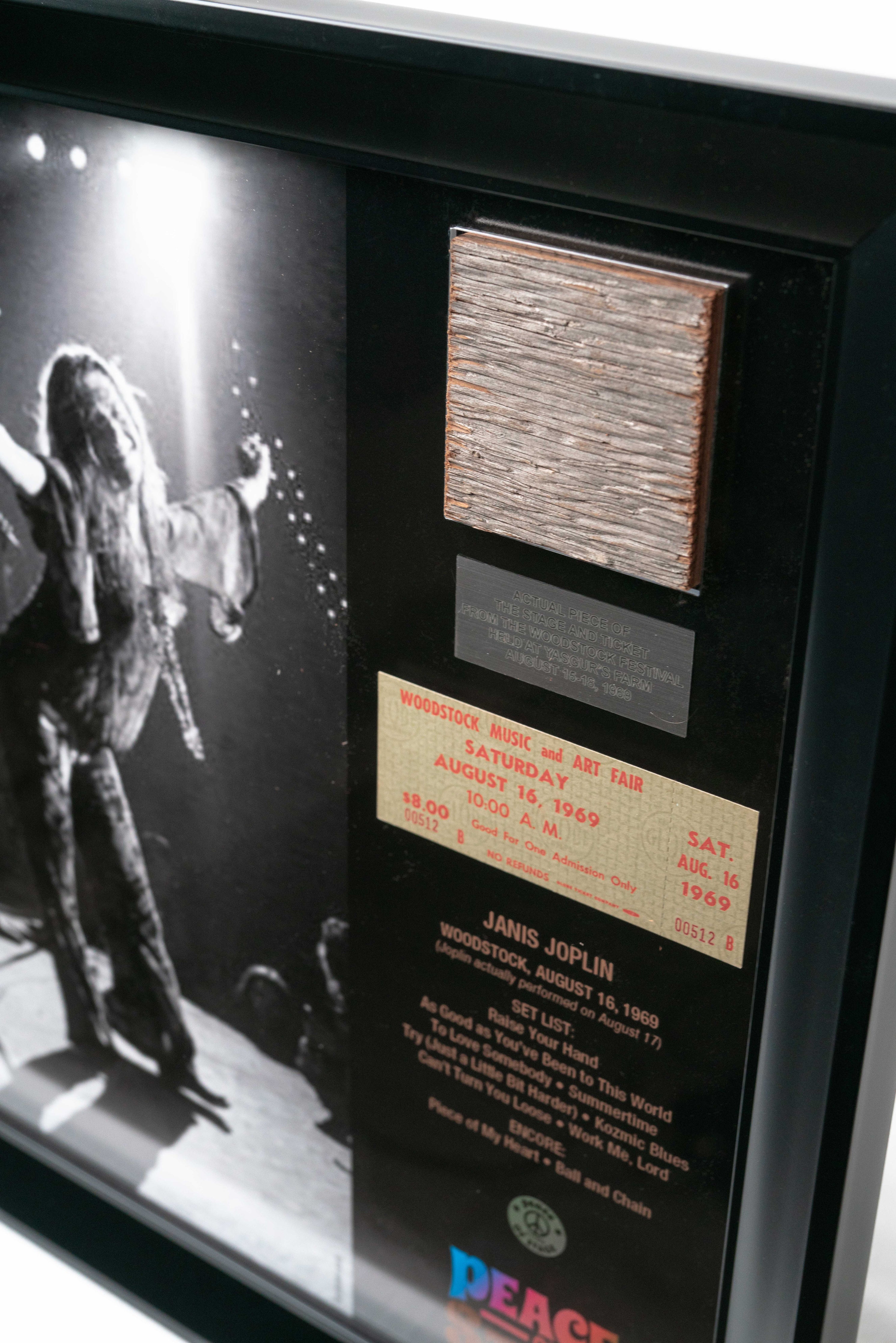 Janis Joplin Frame with Piece of 1969 Woodstock Stage and Original Ticket Peace Of Stage LLC