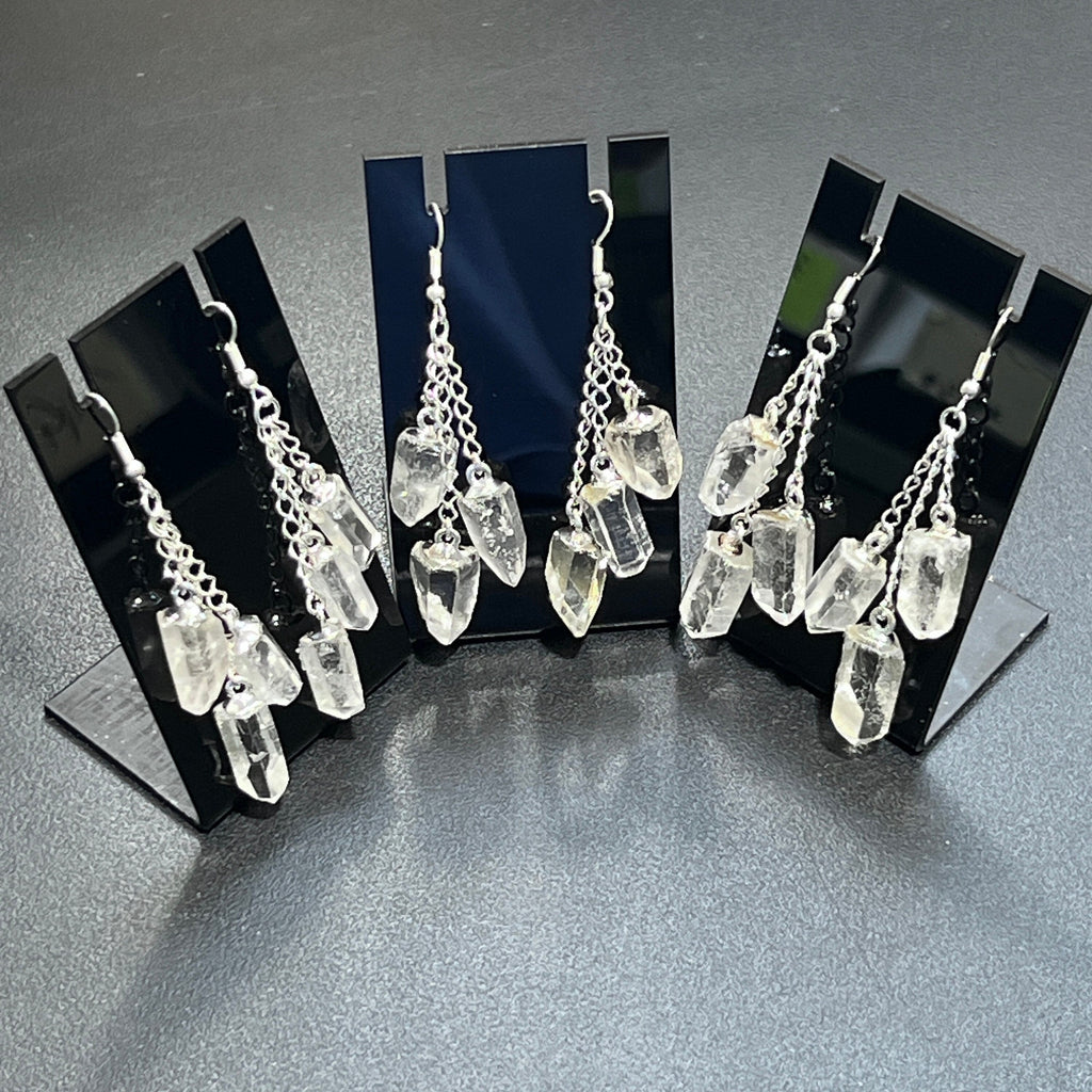 Quartz Crystal Long Earrings Pair (Silver Plated) Triple Dangle Jewelry Amazing Crystals