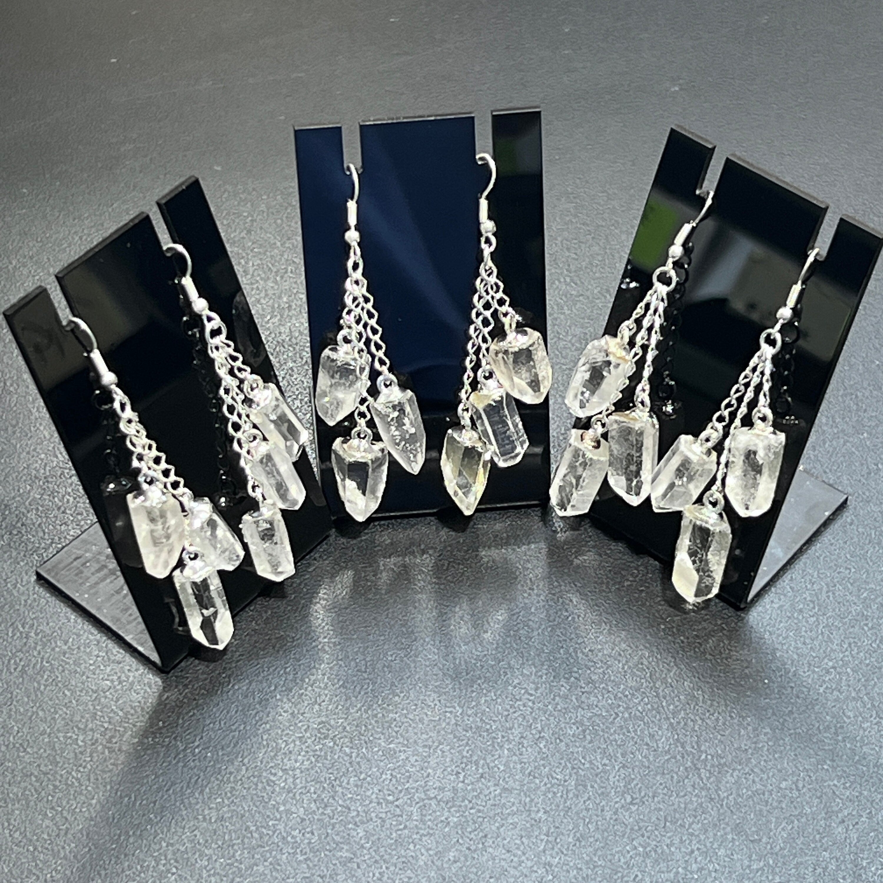 Quartz Crystal Long Earrings Pair (Silver Plated) Triple Dangle Jewelry Amazing Crystals