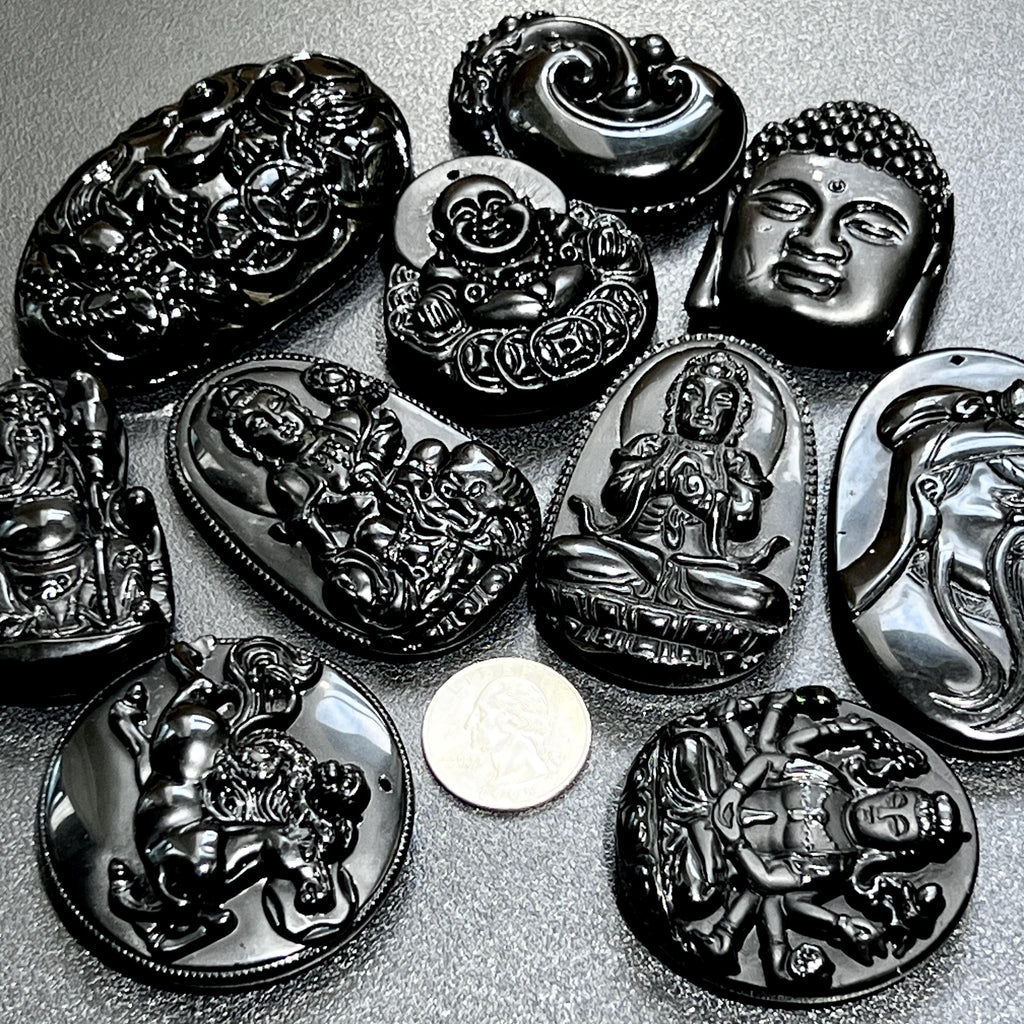 Mixed Large Black Obsidian Drilled Beads Medallion Wafer Carving Wholesale Amazing Crystals