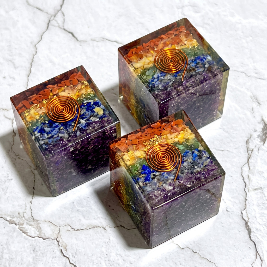 Large 7-Stone Crystal Resin Orgone Cube Reiki Chakra Carving Amazing Crystals