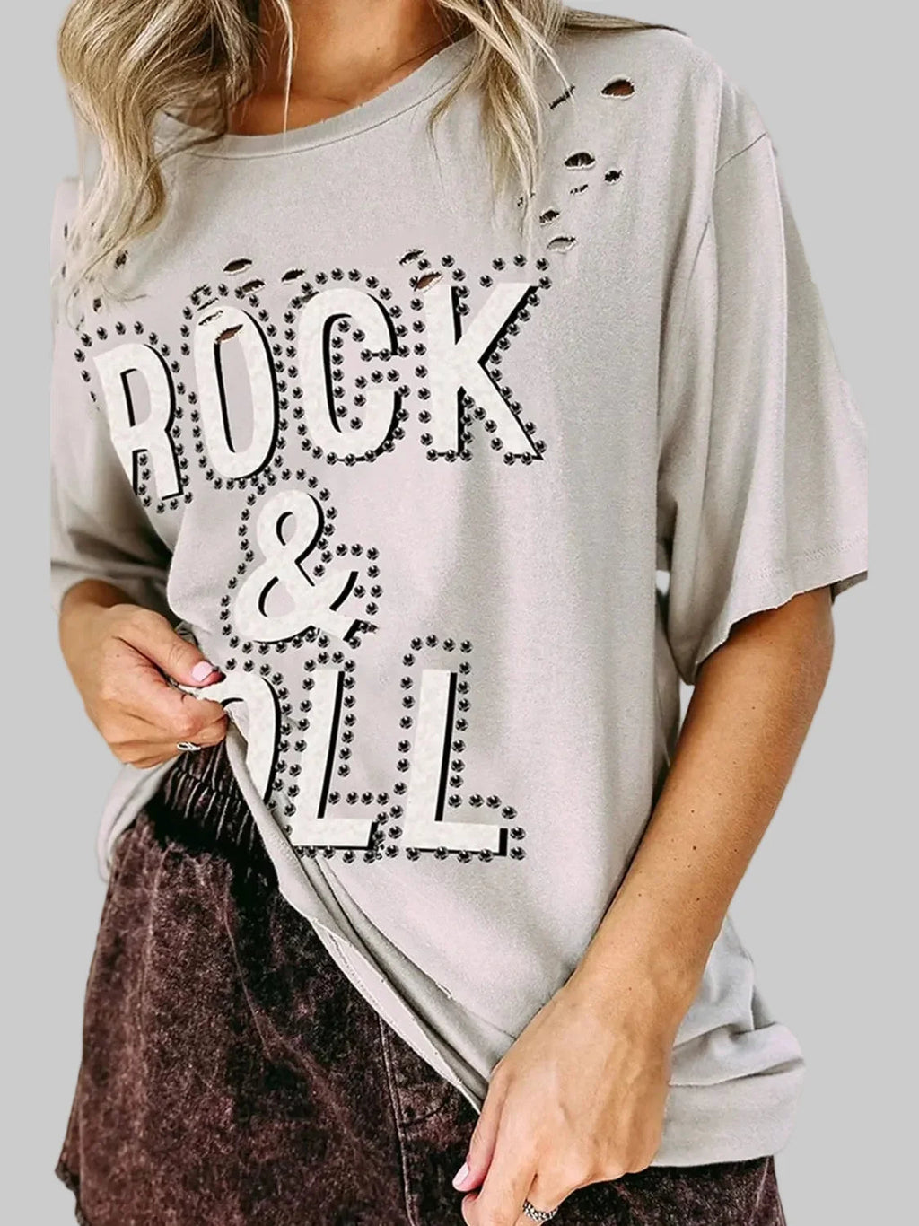 Women ROCK & ROLL Round Neck Dropped Shoulder Short Sleeve T-Shirt NicholesGifts