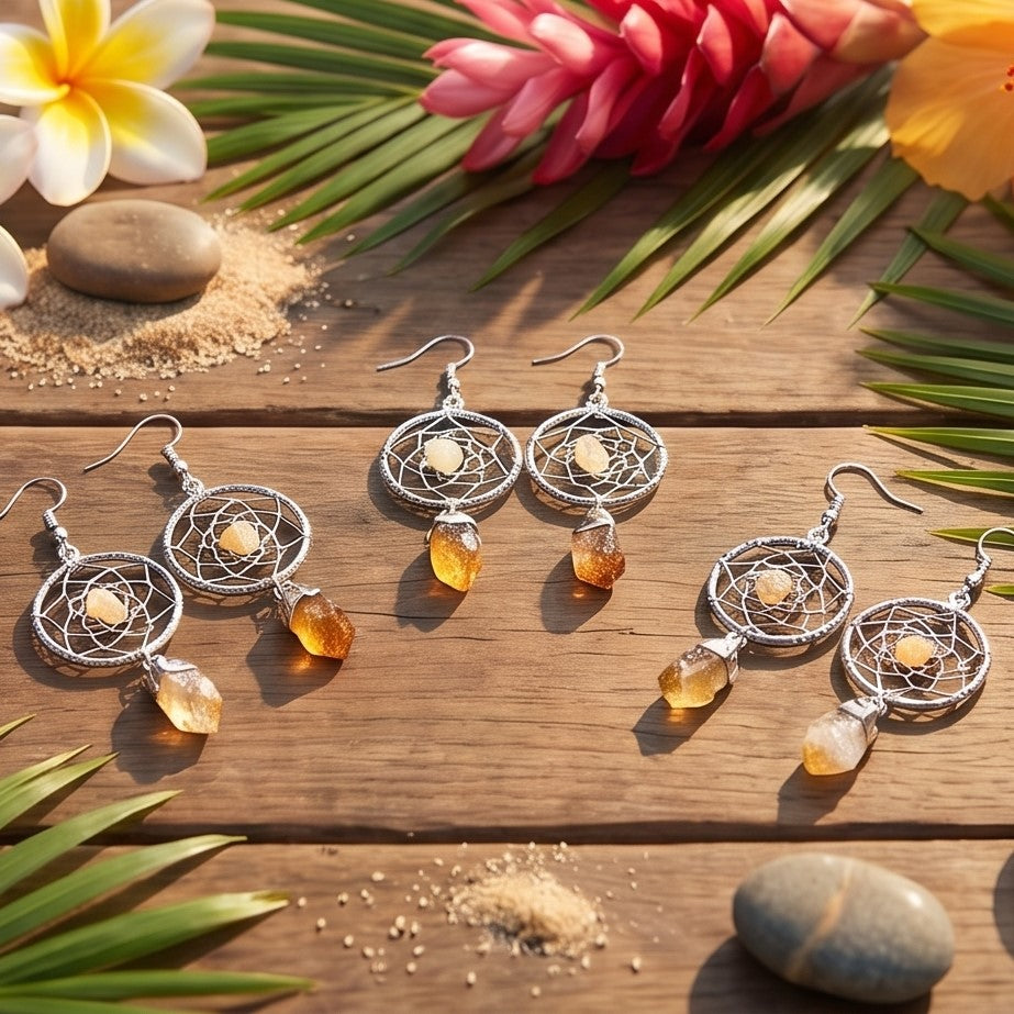 DreamCatcher Earrings Pair (Citrine Crystal)(Silver Plated)(Stainless Steel Hooks) Amazing Crystals