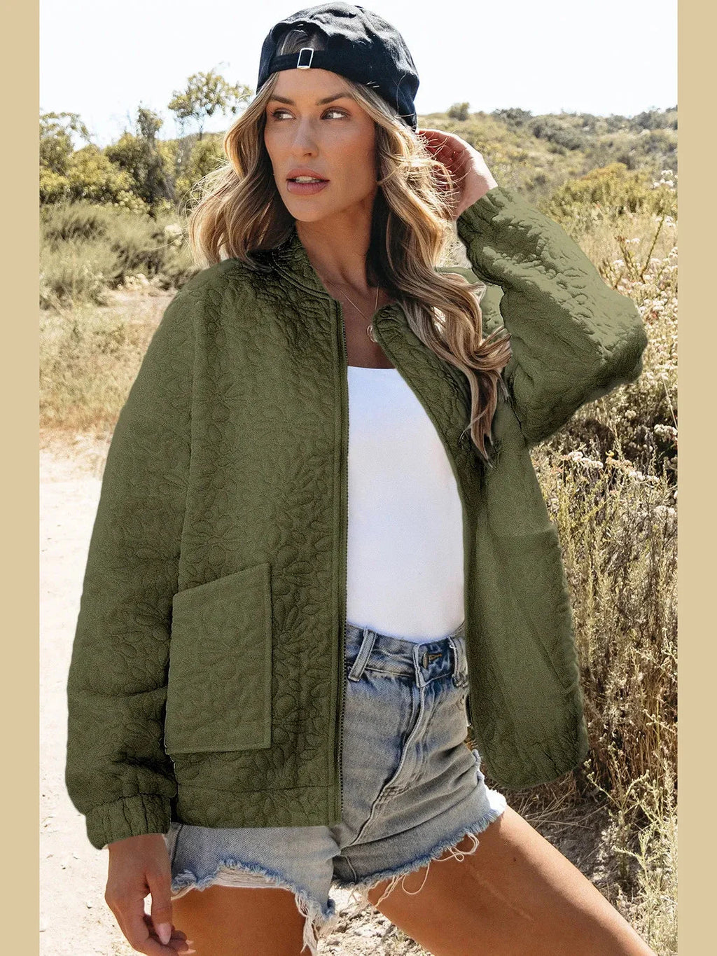 Baseball Collar Floral Quilted Jacket NicholesGifts