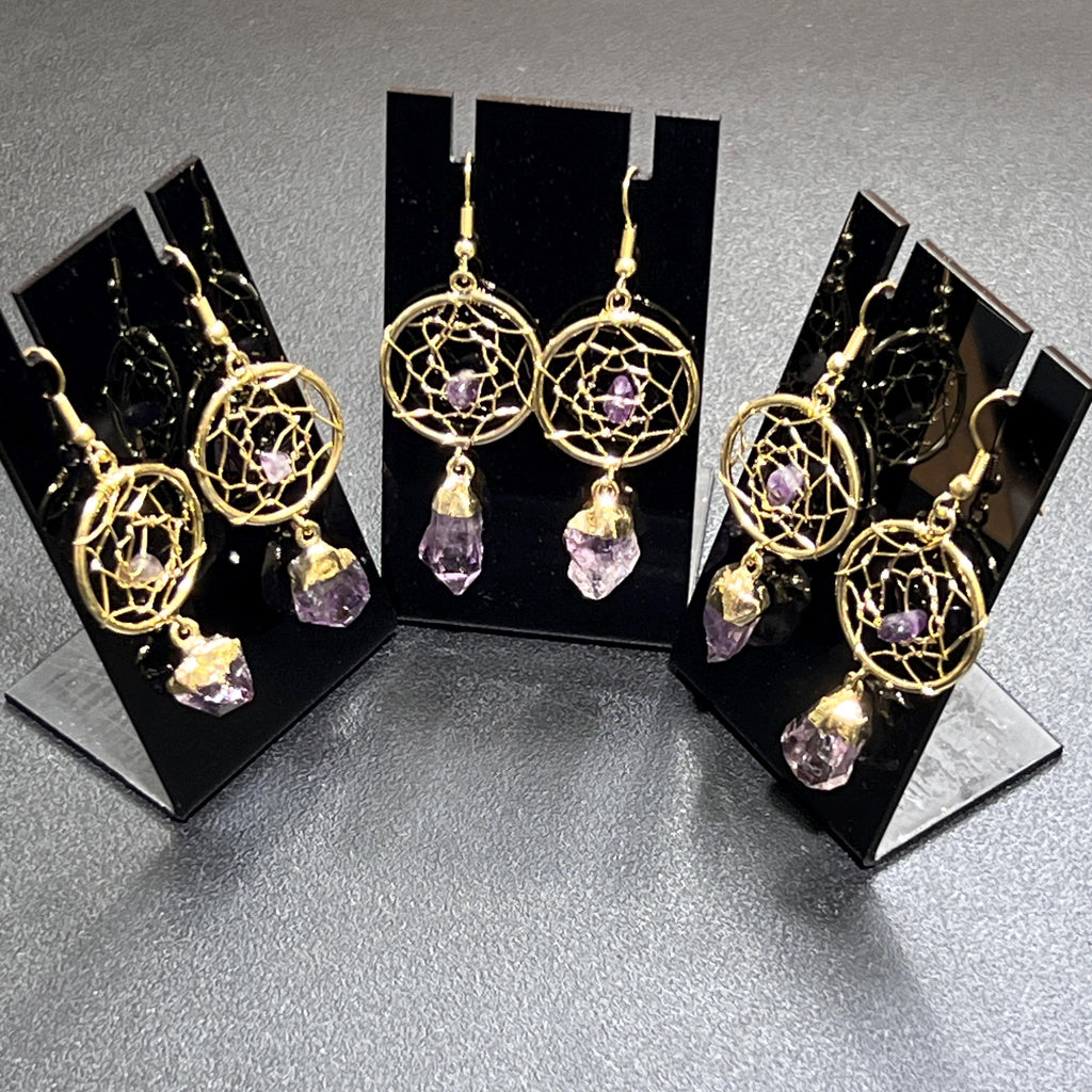 DreamCatcher Earrings Pair (Amethyst Crystal)(Gold Plated)(Stainless Steel Hooks) Amazing Crystals