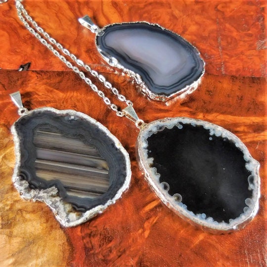Agate Slice Pendants (Black / Brown)(Silver Edges) Wholesale Amazing Crystals