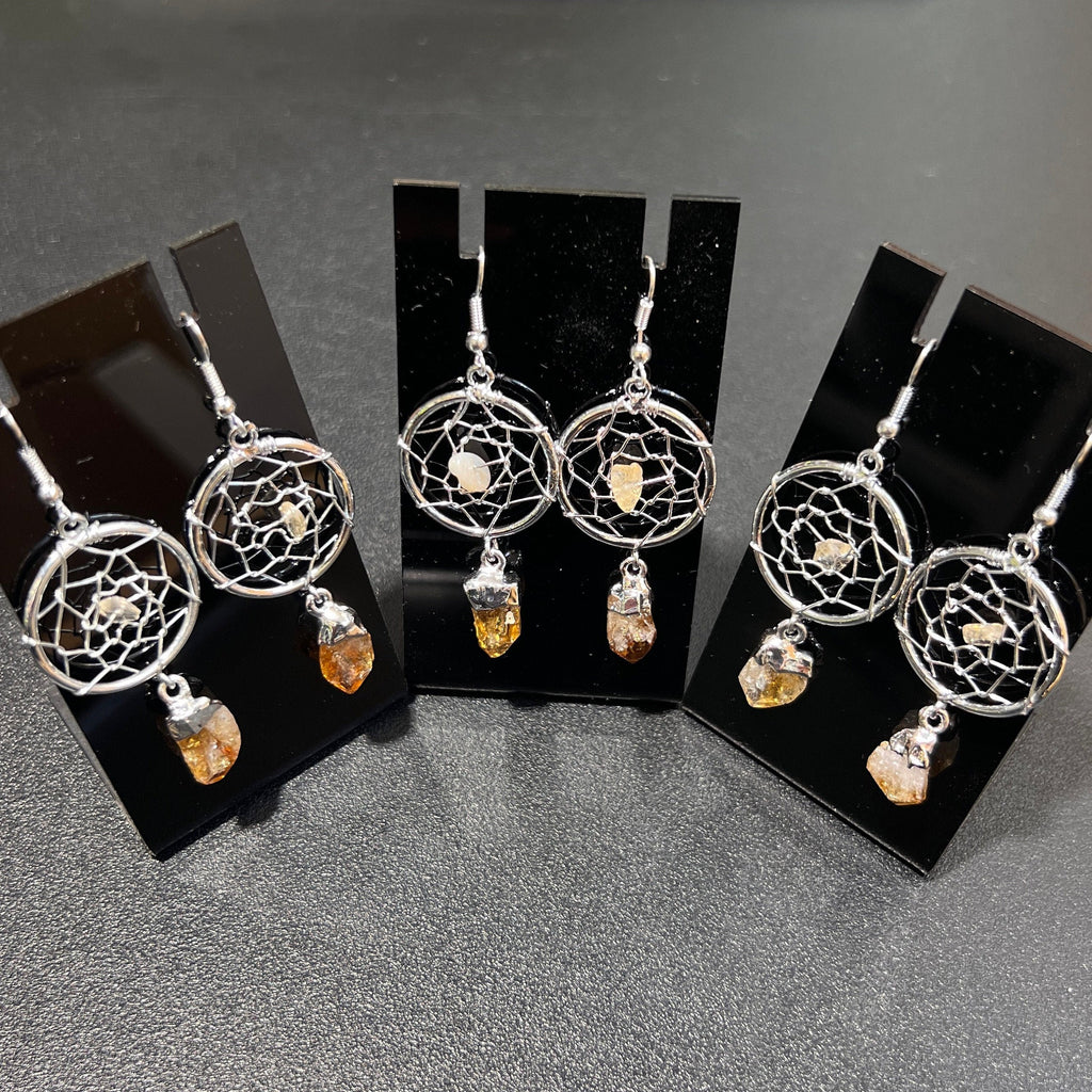 DreamCatcher Earrings Pair (Citrine Crystal)(Silver Plated)(Stainless Steel Hooks) Amazing Crystals