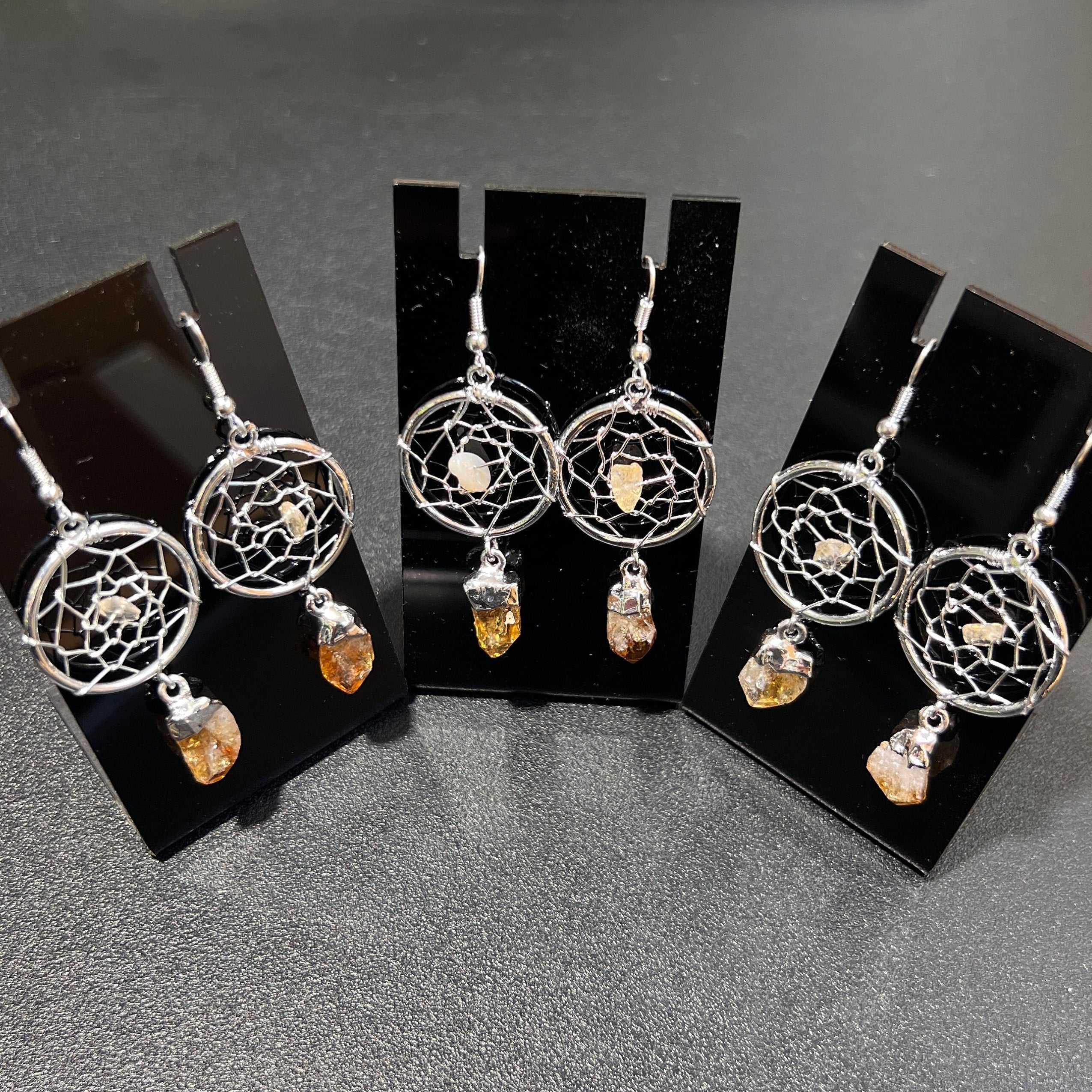 DreamCatcher Earrings Pair (Citrine Crystal)(Silver Plated)(Stainless Steel Hooks) Amazing Crystals