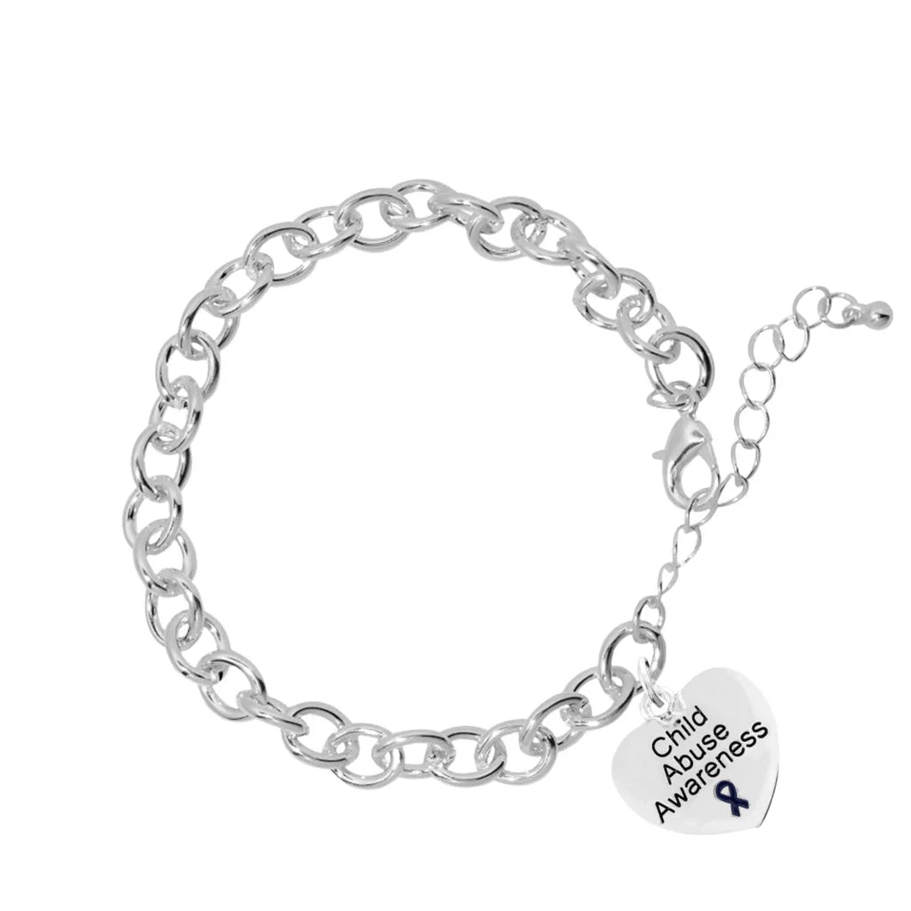 Dark Blue Ribbon Child Abuse Awareness Heart Charm Link Style Chunky Bracelets The Awareness Company