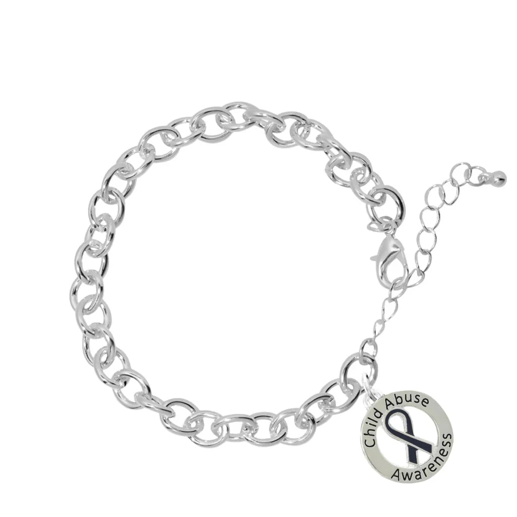 Dark Blue Ribbon Child Abuse Awareness Round Charm Chunky Bracelets The Awareness Company