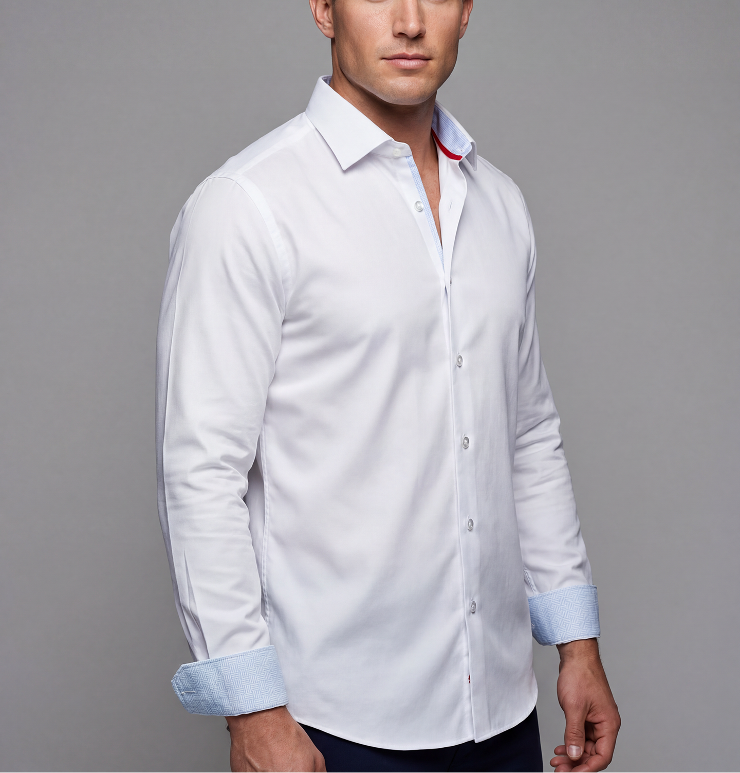 Kenneth// Cotton Knit-Stretch Button-Up Shirt With Contrast Details // White // Tailored Fit (Fitted) LEVINAS® Official