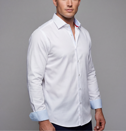 Kenneth// Cotton Knit-Stretch Button-Up Shirt With Contrast Details // White // Tailored Fit (Fitted) LEVINAS® Official