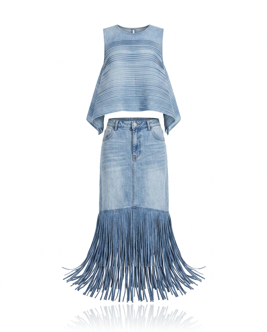 Wild Heart Denim Fringe Two-Piece Set Boho Brown