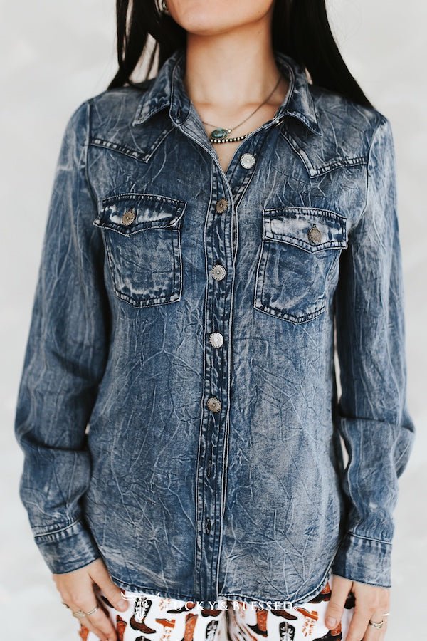 LUCKY & BLESSED Vintage Blue Washed Western Denim Shirt — Concho Button Tencel Cowgirl Statement Cowhide and Conchos