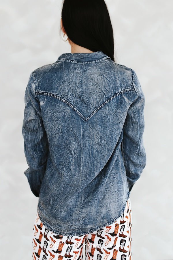 LUCKY & BLESSED Vintage Blue Washed Western Denim Shirt — Concho Button Tencel Cowgirl Statement Cowhide and Conchos