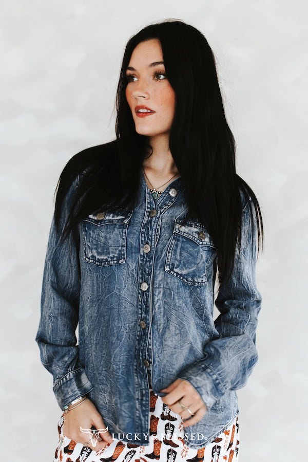 LUCKY & BLESSED Vintage Blue Washed Western Denim Shirt — Concho Button Tencel Cowgirl Statement Cowhide and Conchos