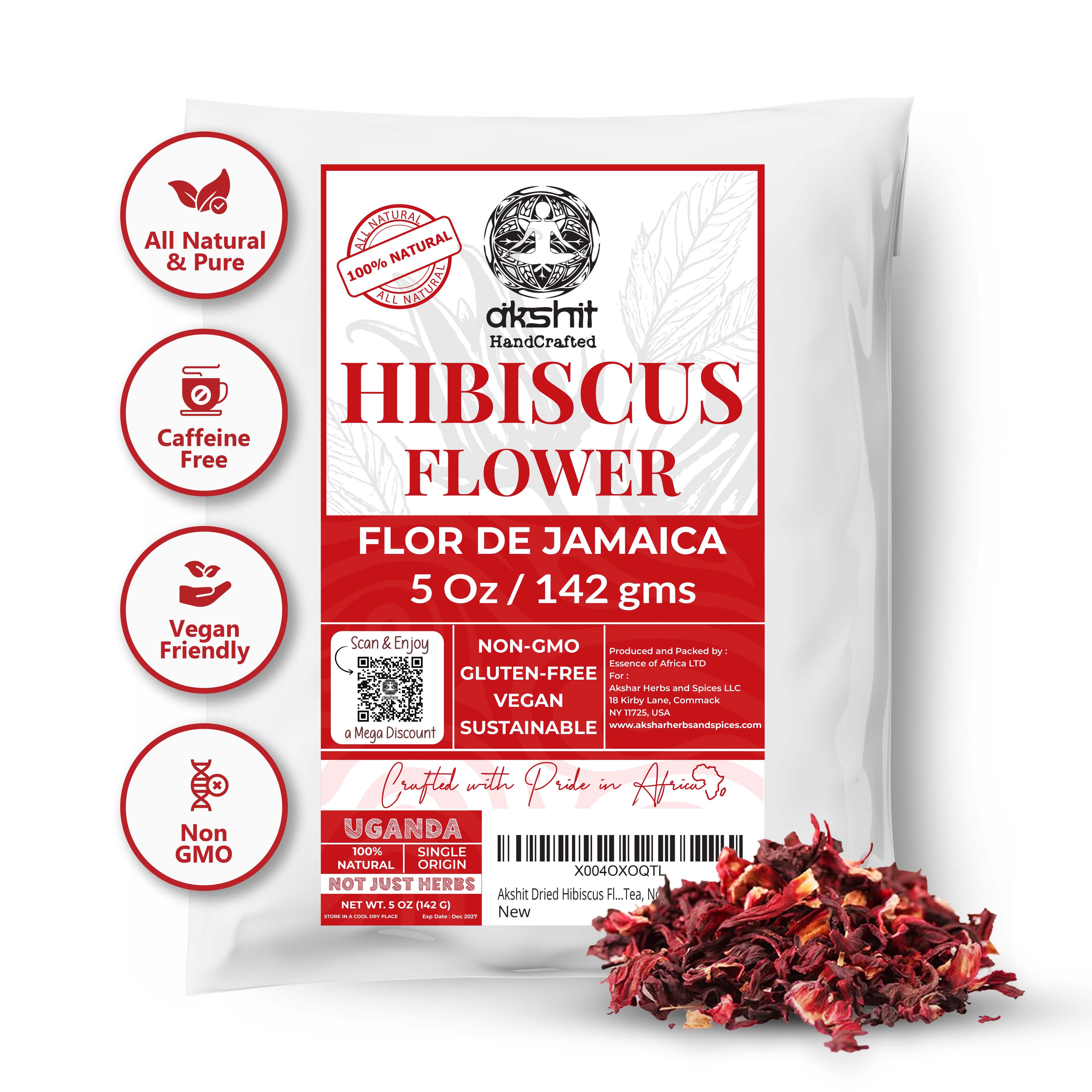 Akshit Hibiscus Flowers 5 oz  Herbal Tea | Flor de Jamaica tea | Dried Hibiscus | Loose Leaf Tea | Caffeine-Free | Vegan Friendly | Fleurs d'hibiscus bio Akshit Akshit