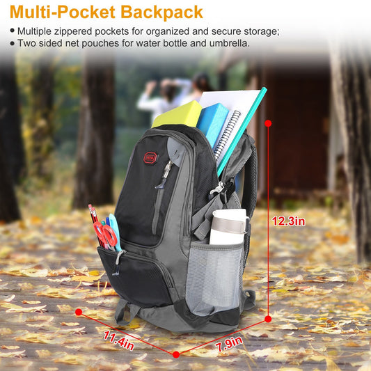 Unisex School Backpack Casual Travel Shoulder Bag W/ Adjustable Straps Dual-Water Bottle Pouch