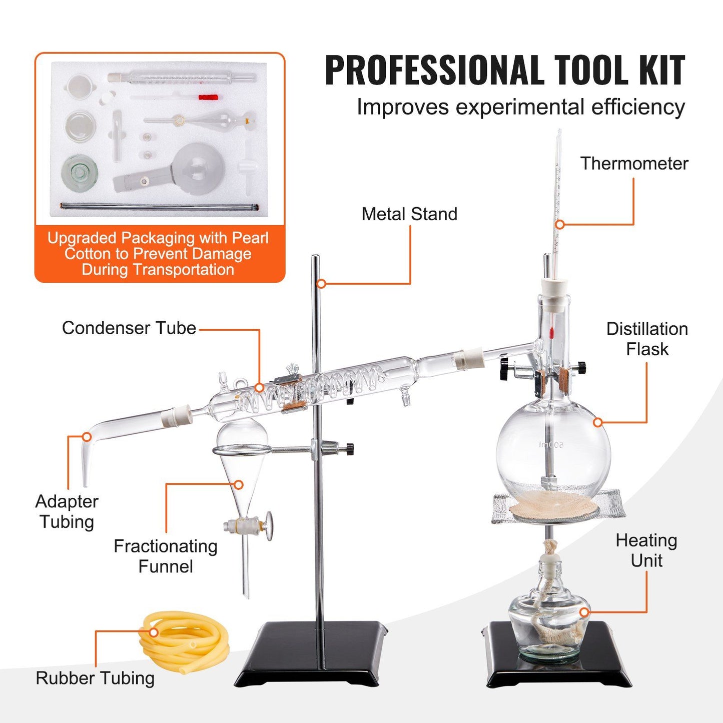 VEVOR Essential Oil Distillation Kit, 500ml Distillation Apparatus, 3.3 Boro Lab Glassware Distillation Kit with Alcohol Lamp, Ceramic Mesh and 24, 40 Joint, 28 pcs Set