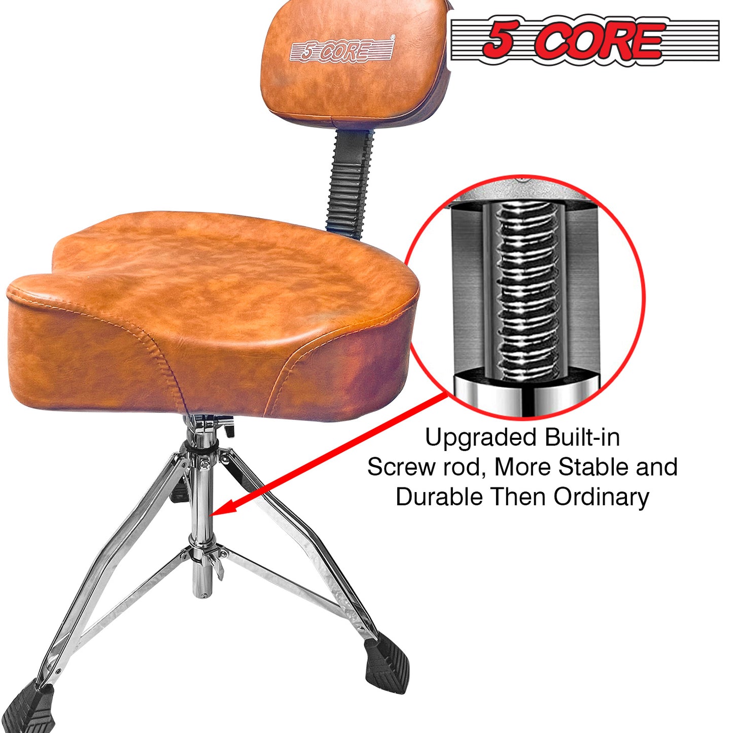 5 CORE Drum Throne with Backrest Brown Thick Padded Saddle Drum Seat Comfortable Motorcycle Style Drum Chair Stool Height Adjustable Double Braced Tripod Legs for Drummers - DS CH BR REST