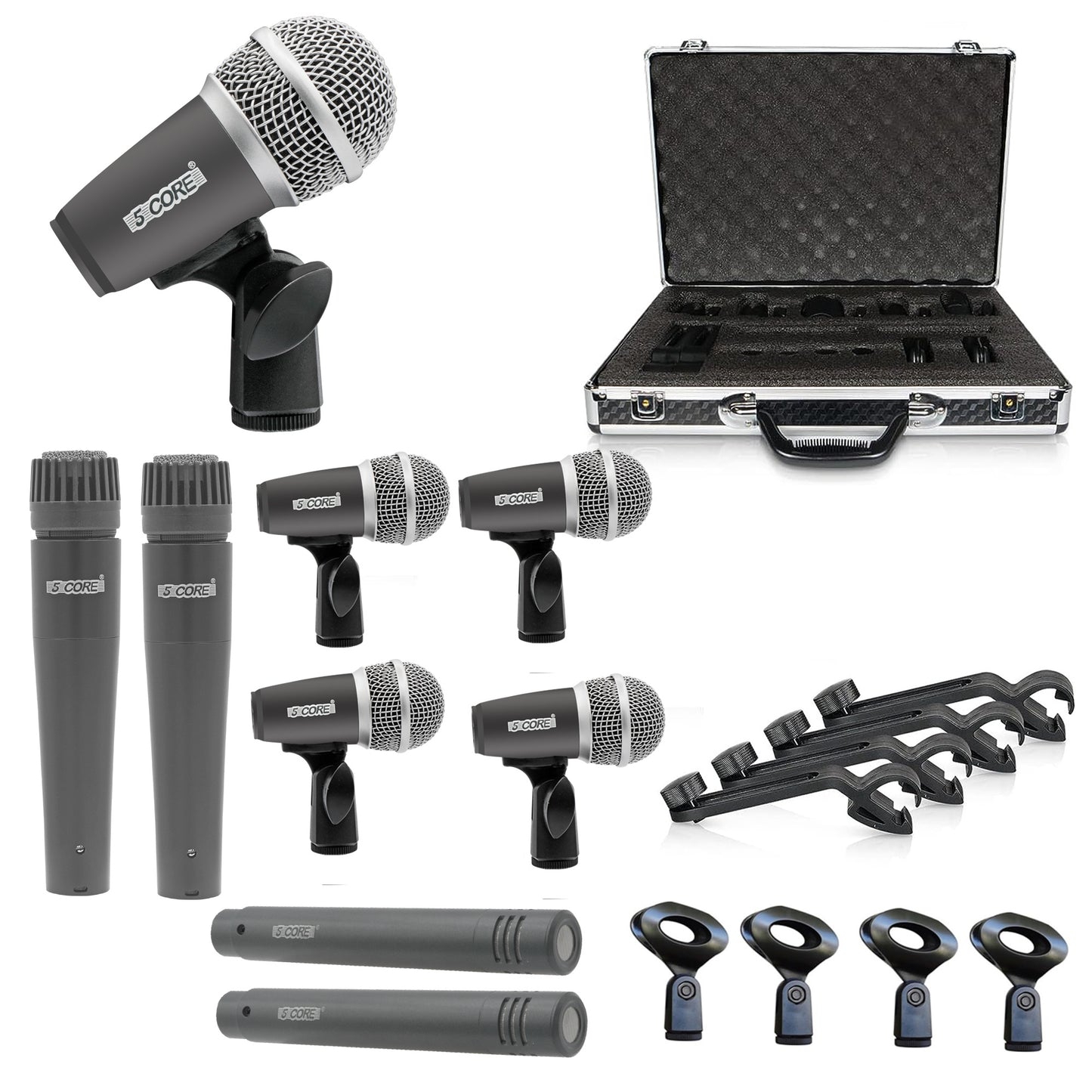 5 Core Drum Microphone Kit 9 Piece Full Metal Dynamic Wired Drums Mic Set for Drummers w Kick Bass Tom Snare + Carrying Silver Case Sponge Thread Holder for Vocal & Other Instrument - DM 9RND