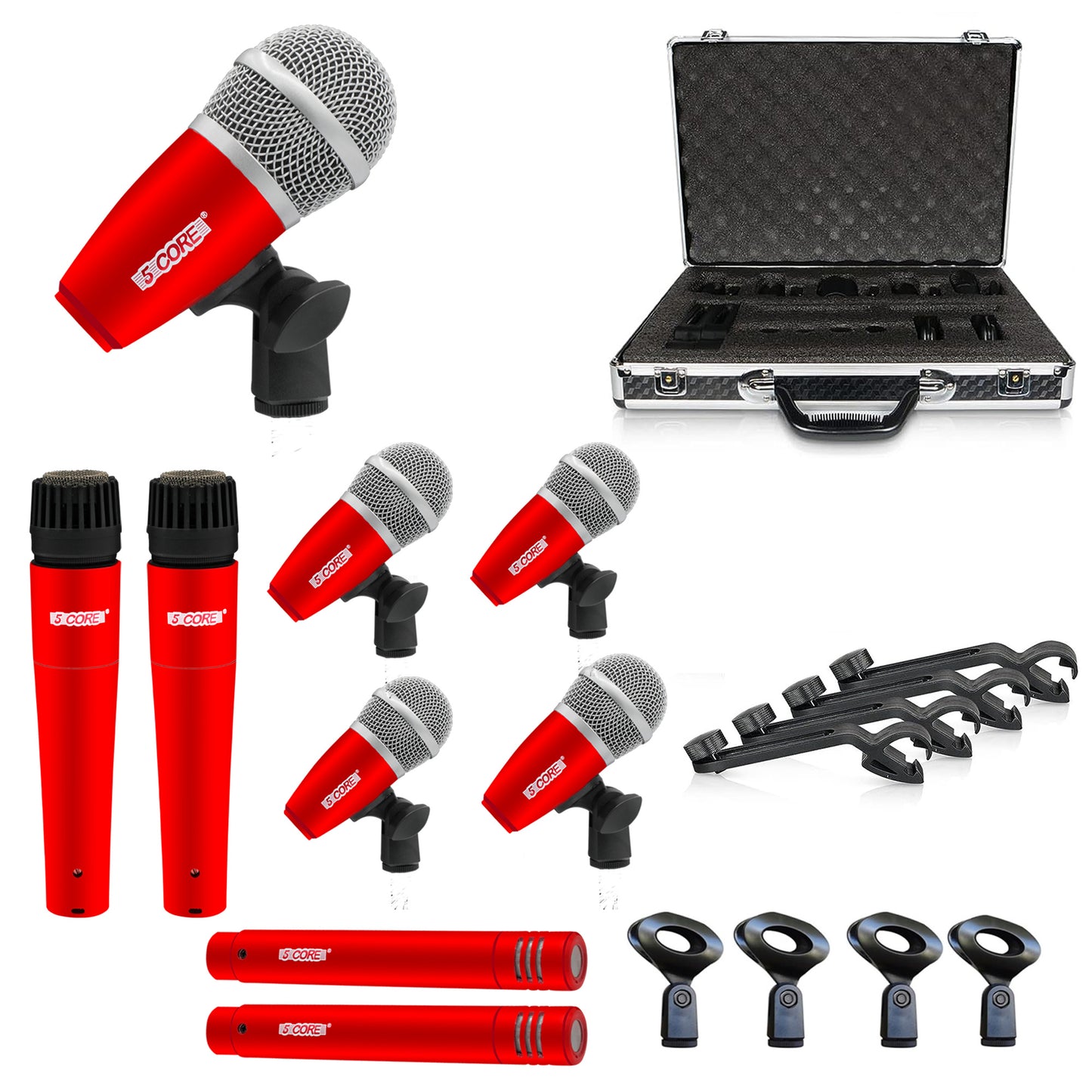 5 Core Drum Microphone Kit 9 Piece Full Metal Dynamic Wired Drums Mic Set for Drummers w Kick Bass Tom Snare + Carrying Silver Case Sponge Thread Holder for Vocal & Other Instrument - DM 9RND