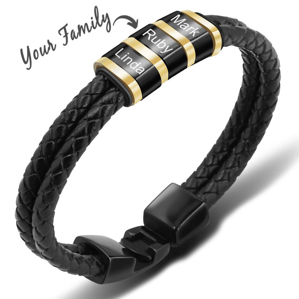 Black Leather Braided Bracelet with Stainless Steel Beads Cnasti Strings and Thangs
