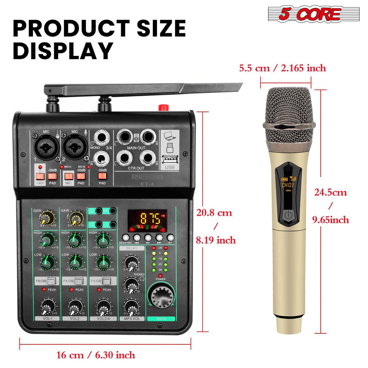 5 Core Audio Mixer Sound Board 4 Channel XLR Stereo Receiver w Bluetooth USB Microphone PA Karaoke Music Podcast Mixing Soundboard Mini Mezcladora Para DJ - MX 4CH 2MIC GLD