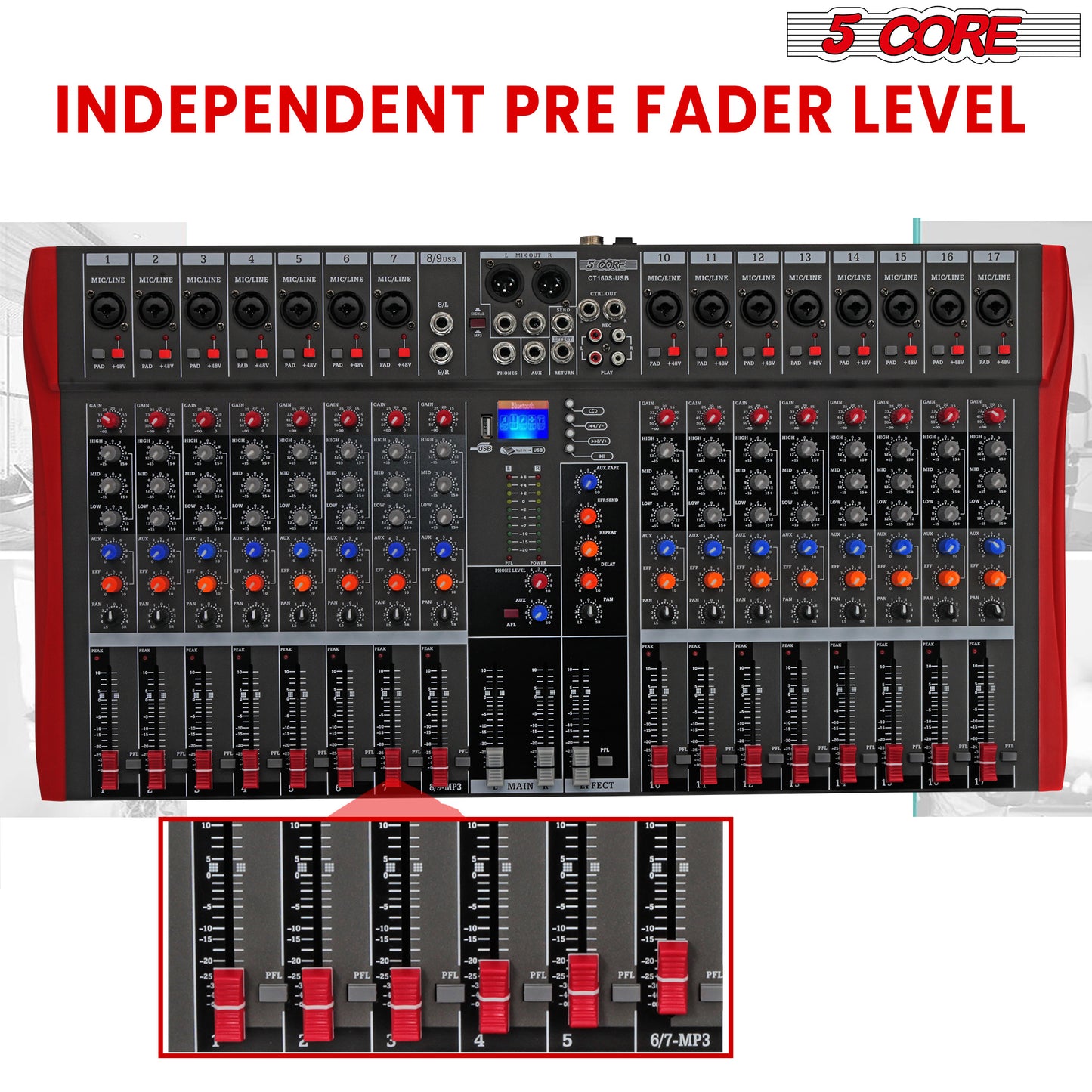 5 Core Audio Mixer DJ Equipment Digital Sound Board Karaoke XLR Mixers Professional 16 Channel Bluetooth USB w Effects for Recording Music Studio PC Podcast Instruments Consola De Sonido - MX 16CH