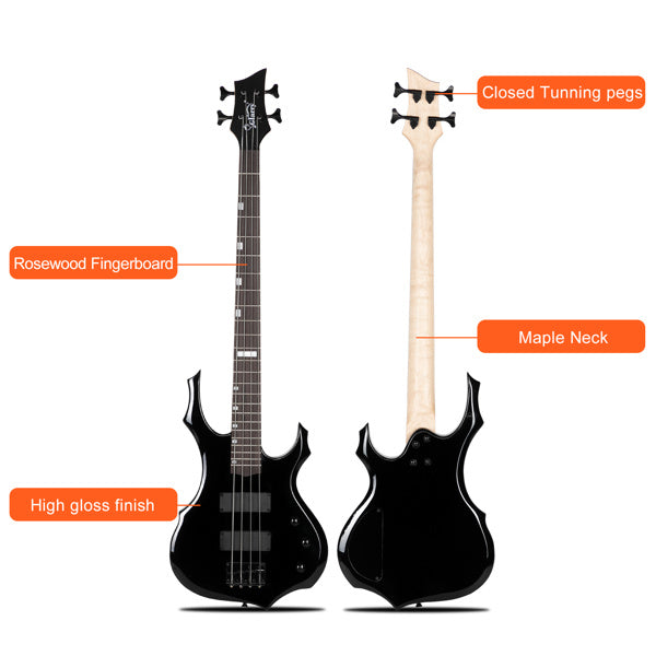 Full Size Glarry 4 String Burning Fire enclosed H-H Pickup Electric Bass Guitar with 20W Amplifier Bag Strap Connector Wrench Tool Black