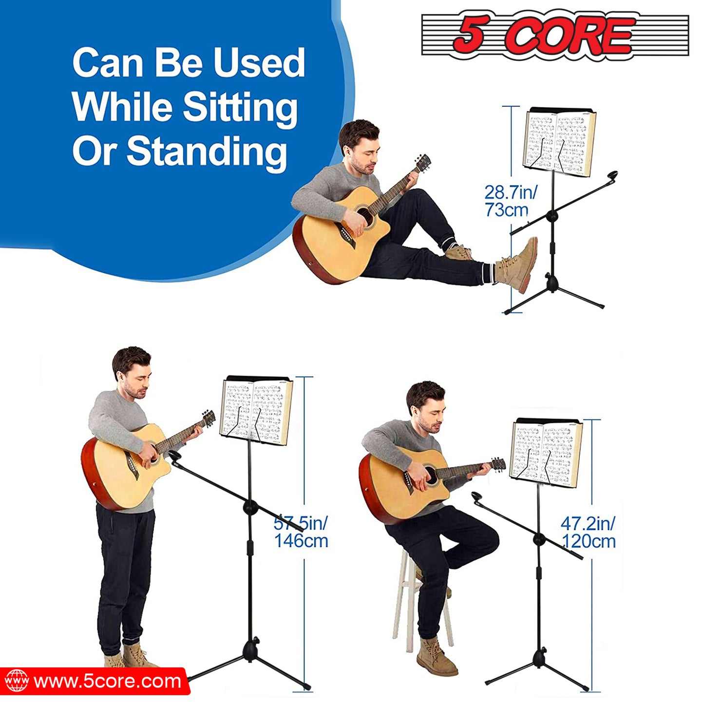 5 Core Music Stand with Handheld Dynamic Mic Combo 2-IN-1 Professional Portable Sheet Music Stand Detachable Microphone Holder 21.6-63 Inch Adjustable Super Sturdy Heavy Duty Carry Bag Clip & 16ft XLR