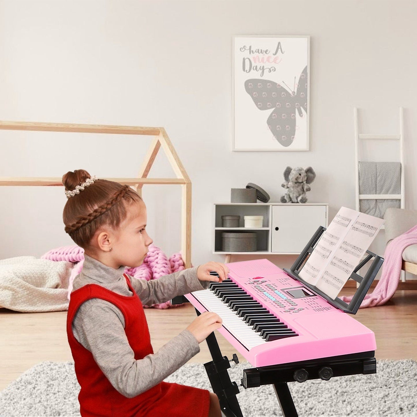 61 Keys Digital Music Electronic Keyboard Electric Musical Piano Instrument Kids Learning Keyboard w/ Stand Microphone