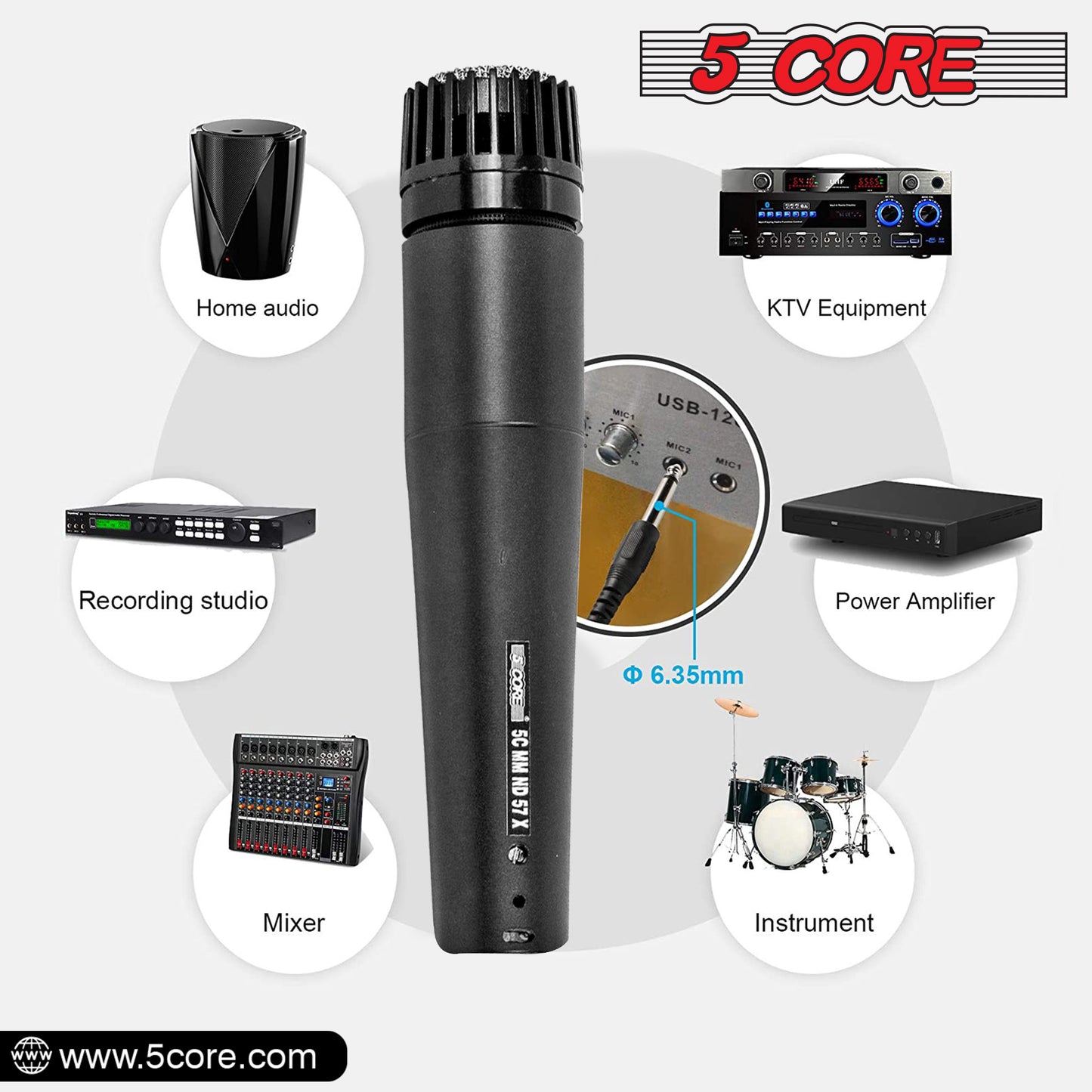 5 CORE Dynamic Instrument Mic - Premium Quality and Versatile Mic for Live Performances, On Stage and Studio Recording - Durable Metal Mic- Cable, Mic Holder and Bag Included- ND-57X