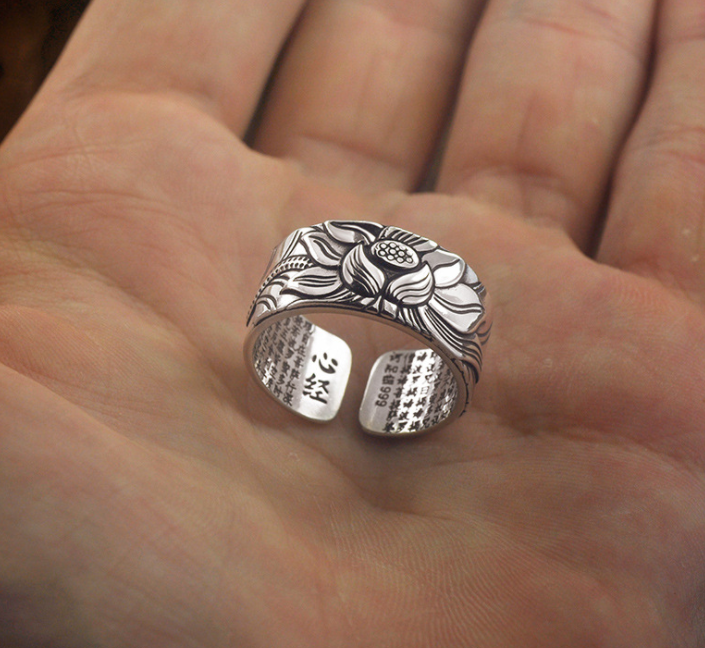 Thai Silver Black Lotus Heart Sutra Ring